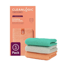 Cleanlogic stretch bath cloth demonstrates full-body reach for a thorough, gentle exfoliation