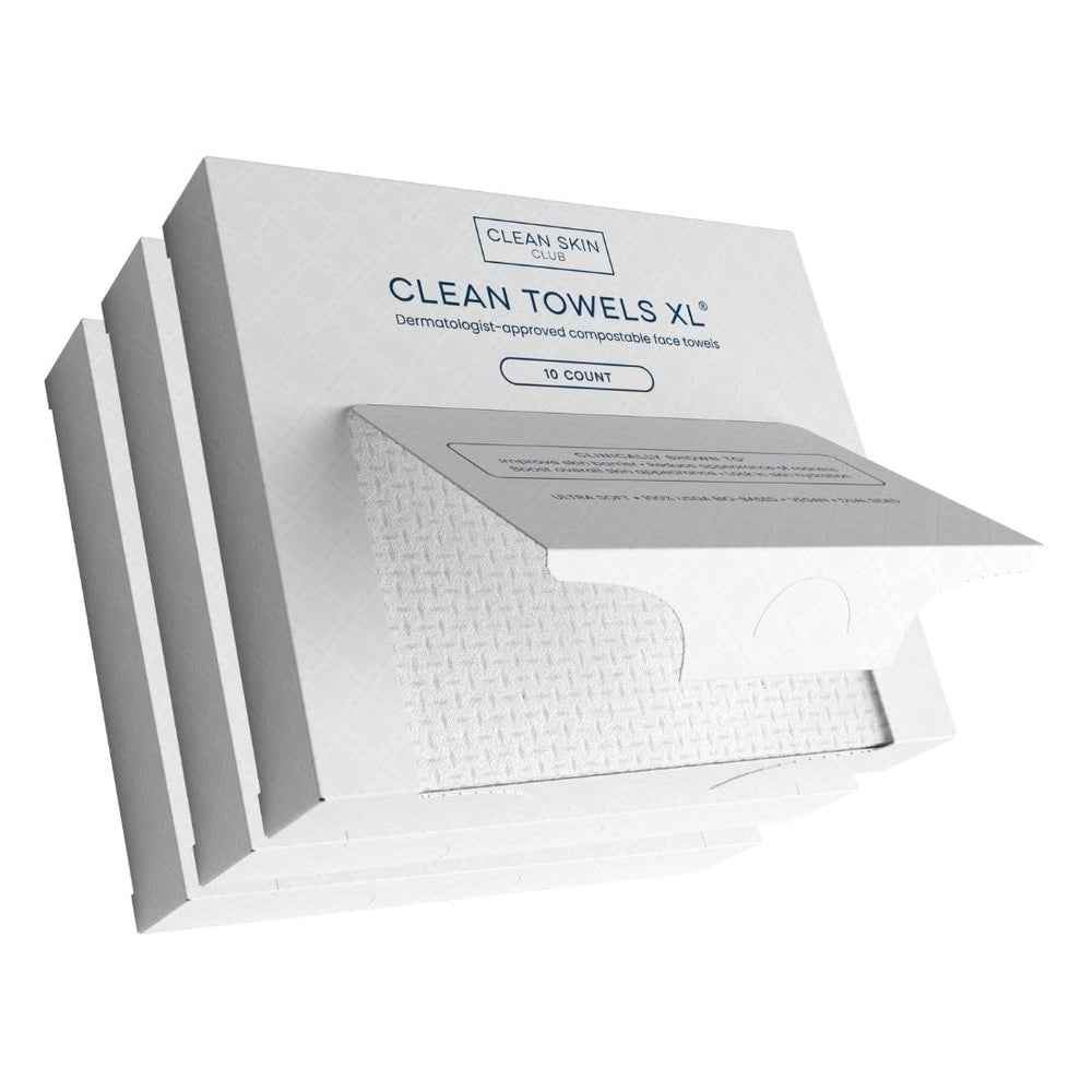 Clean Skin Club Clean Towels XL travel pack outer box showing compact eco travel essential