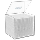 Cleanskin Club clear acrylic box front view for easy towel storage on the counter.