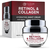 Clear Beauty Collagen & Retinol Night Cream packshot suggests overnight hydration for refreshed skin.