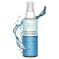 Clear Beauty Hyaluronic Acid & Collagen Face Mist bottle demonstrates hydrating formula for radiant skin.