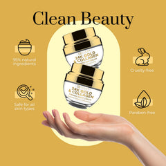 Clear Beauty 24K gold and collagen ingredients board highlighting skin-plumping components