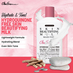 Clear Essence Exclusive Skin Beautifying Milk texture-closeup shows hydroquinone-free formula for gentle hydration