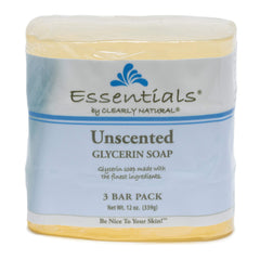 Clearly Natural unscented glycerin bar soap packaging variant highlights fragrance-free, cruelty-free formula.
