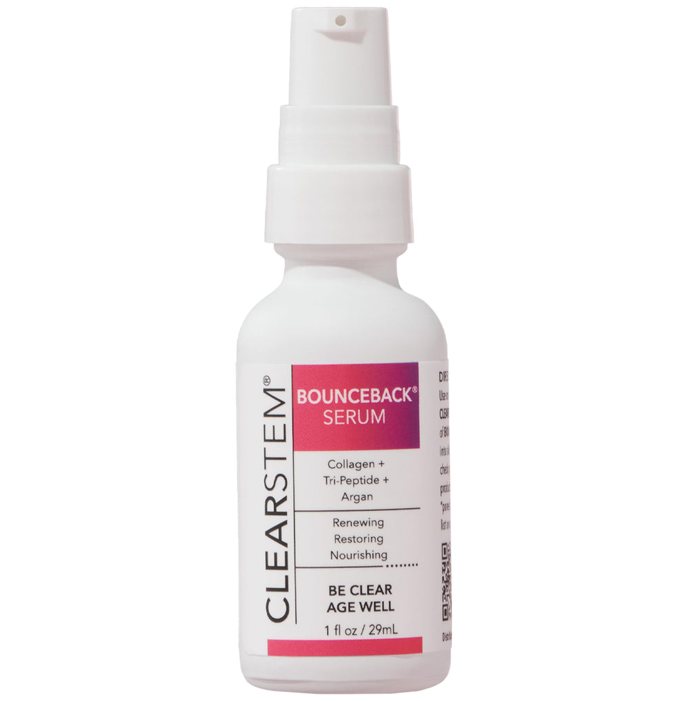 CLEARSTEM BOUNCEBACK bottle closeup showing a lightweight hydration-focused serum.