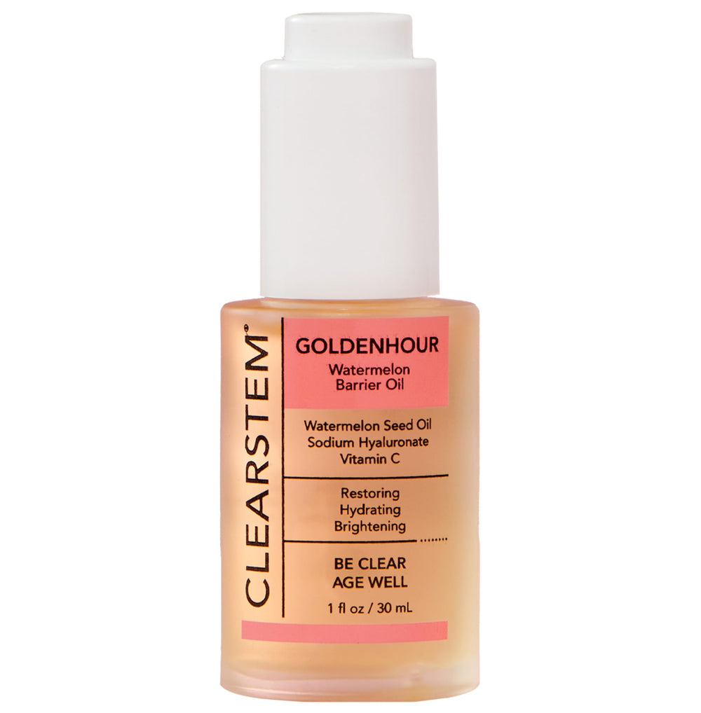 CLEARSTEM GOLDENHOUR oil bottle illustrates long-lasting hydration for a soft, dewy complexion.