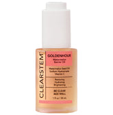 CLEARSTEM GOLDENHOUR oil bottle illustrates long-lasting hydration for a soft, dewy complexion.