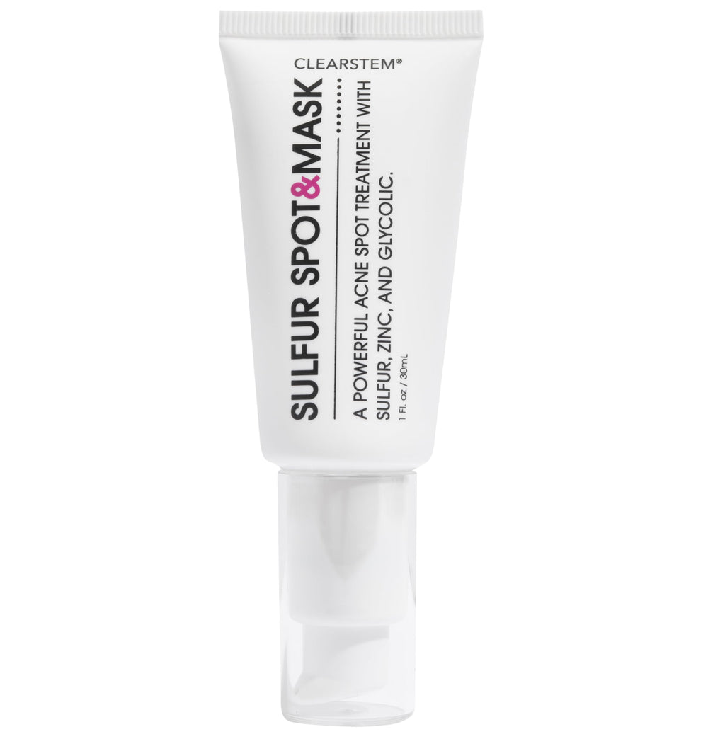CLEARSTEM sulfur-spot-mask jar closeup demonstrates a creamy clay formula for balanced skin and oil control.