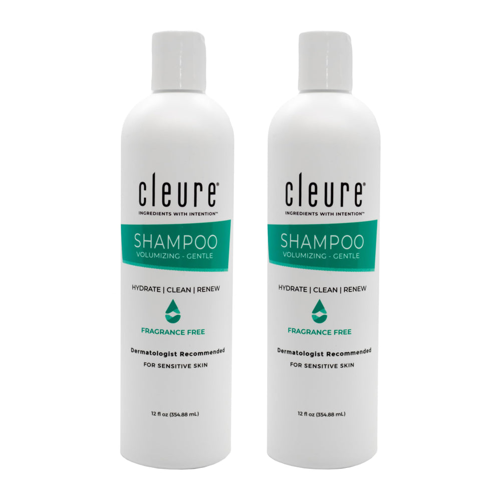Cleure fragrance-free hypoallergenic shampoo bottle for gentle cleansing on sensitive skin