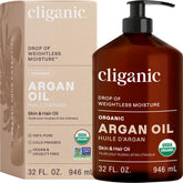 Cliganic Argan Oil bottle front view highlighting versatile hydration for hair and skin.