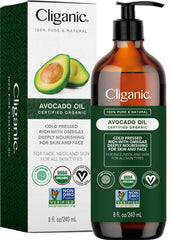 Cliganic Avocado Oil 8oz bottle for skin and hair nourishment