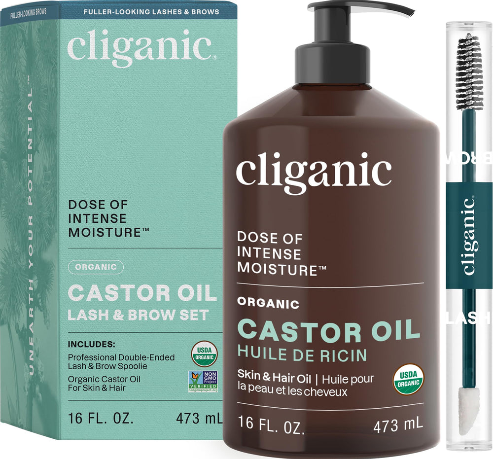 Cliganic Castor Oil 16oz bottle for lash conditioning and brow nourishment.