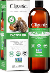 Cliganic castor oil bottle shows pure organic formula for skin and hair care benefits.