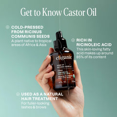 Cliganic castor oil close-up shows 100% pure, single-ingredient formula.