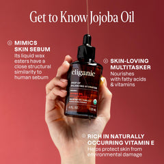 Cliganic Jojoba Oil clear drops on hand for skin nourishment.