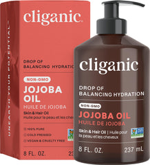 Cliganic jojoba oil pump 8oz bottle demonstrates premium skin and hair nourishment.