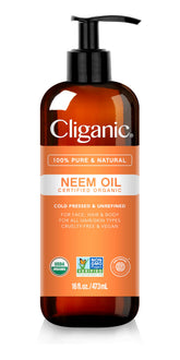 Cliganic Neem Oil bottle-front view, 100% pure cold-pressed oil for skin and plant care.