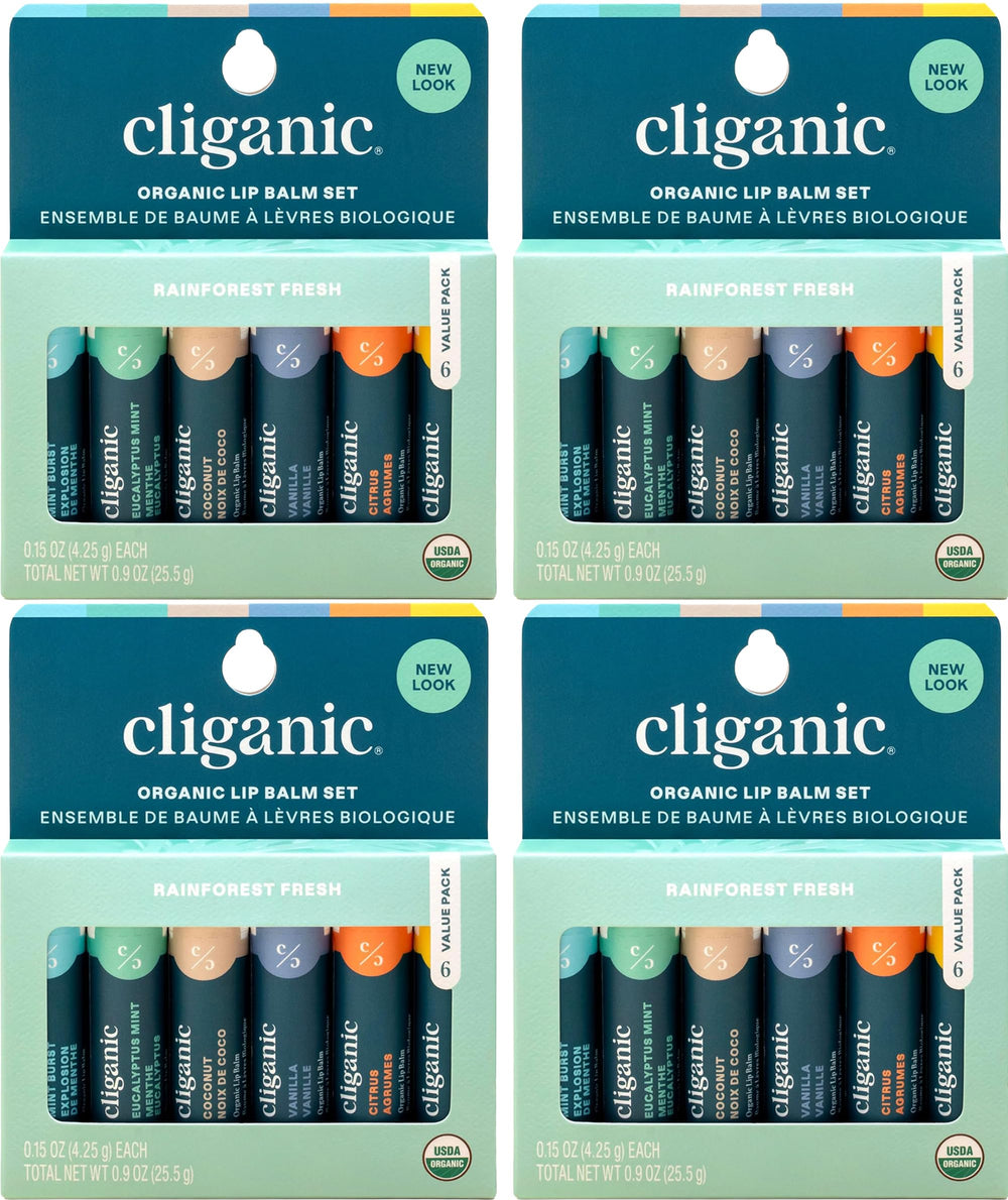 Cliganic Organic Lip Balm Set packaging showing 24 tubes for travel moisture