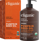 Cliganic Organic Pumpkin Seed Oil bottle shows premium, cold-pressed potency for face and hair care.