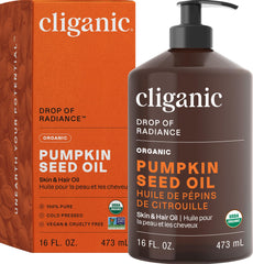 Cliganic Organic Pumpkin Seed Oil bottle shows premium, cold-pressed potency for face and hair care.