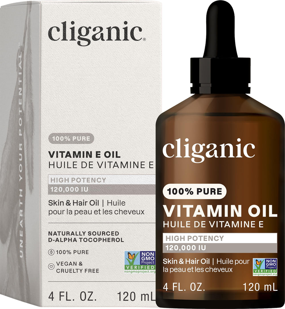 Cliganic Pure Vitamin E Oil bottle with pump for face and skin nourishment; may support radiant skin.