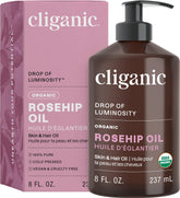 Cliganic Organic Rosehip Oil bottle for face highlighting skin nourishment and purity benefits.