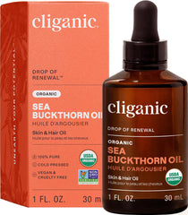 Cliganic Sea Buckthorn Oil bottle closeup highlighting pure, skin-nourishing formulation for daily care.