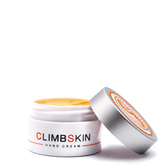 Climbskin hand cream bottle shows fast-absorbing hydration for active hands.