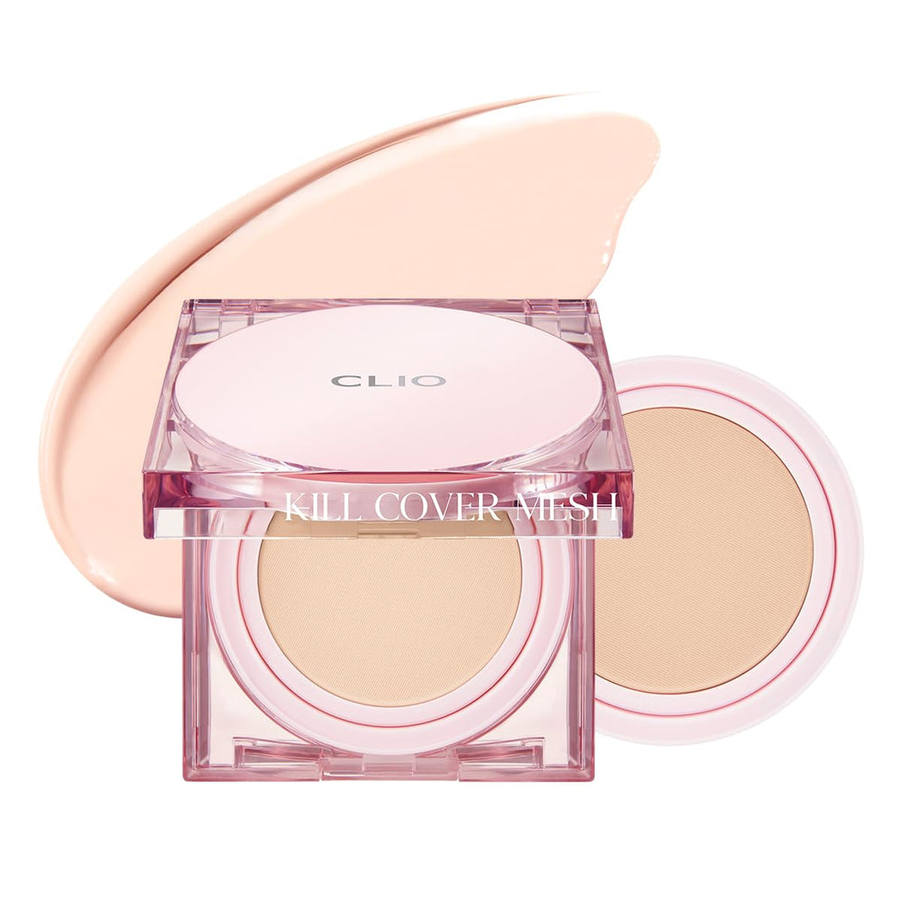 CLIO Kill Cover Mesh Glow Cushion compact shows dewy finish for radiant skin.