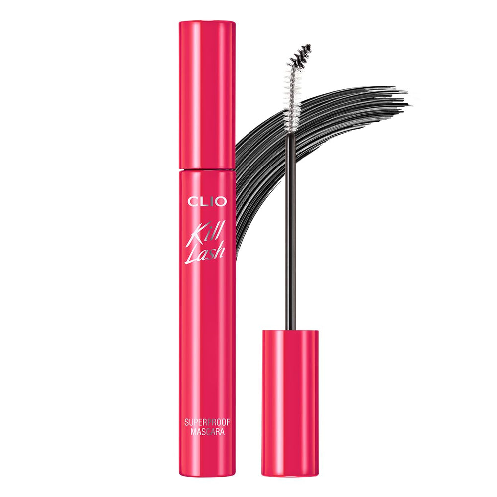 CLIO Kill Lash Superproof Mascara bottle closeup highlighting waterproof formula for long wear