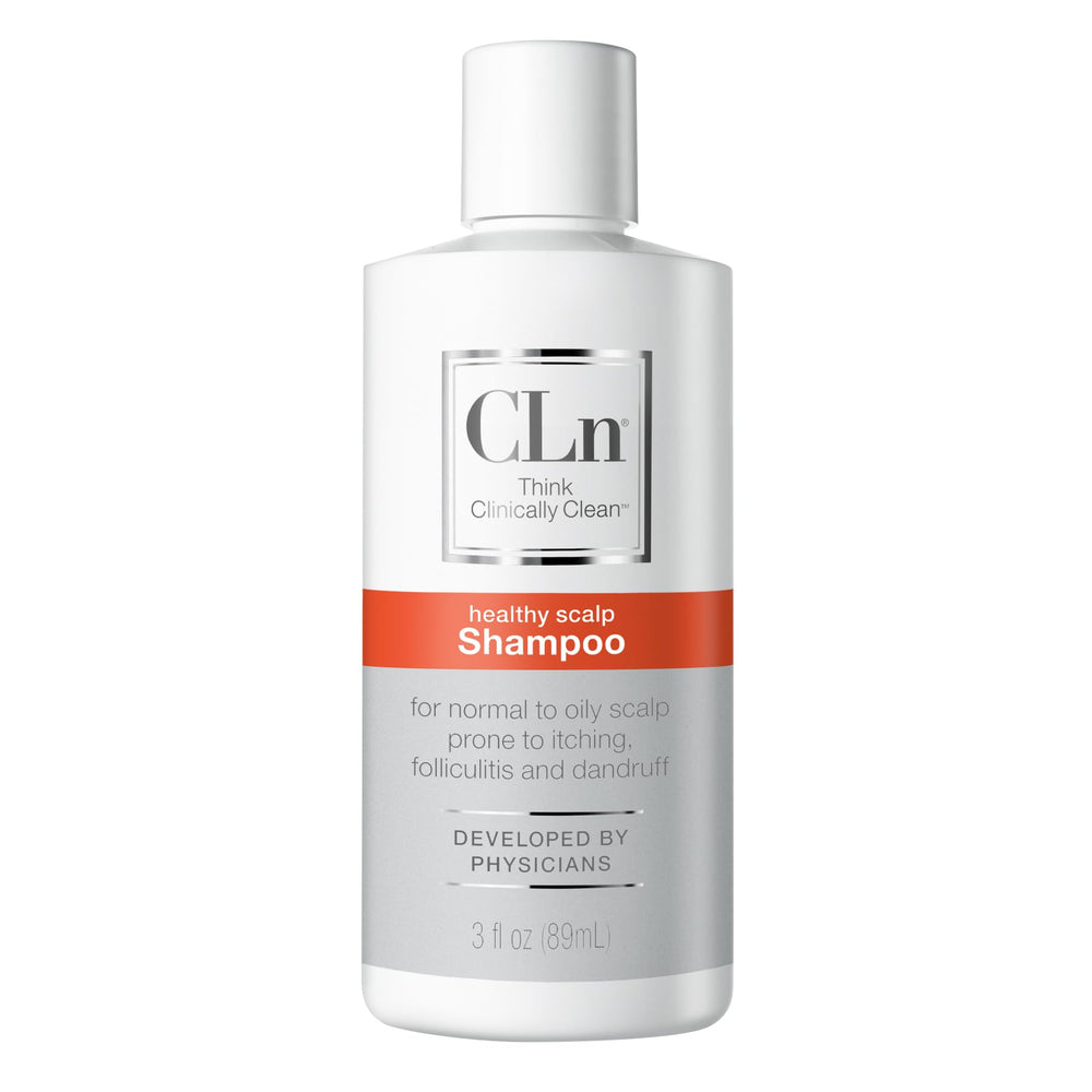 CLn Shampoo bottle front highlights brand for clarifying scalp care.