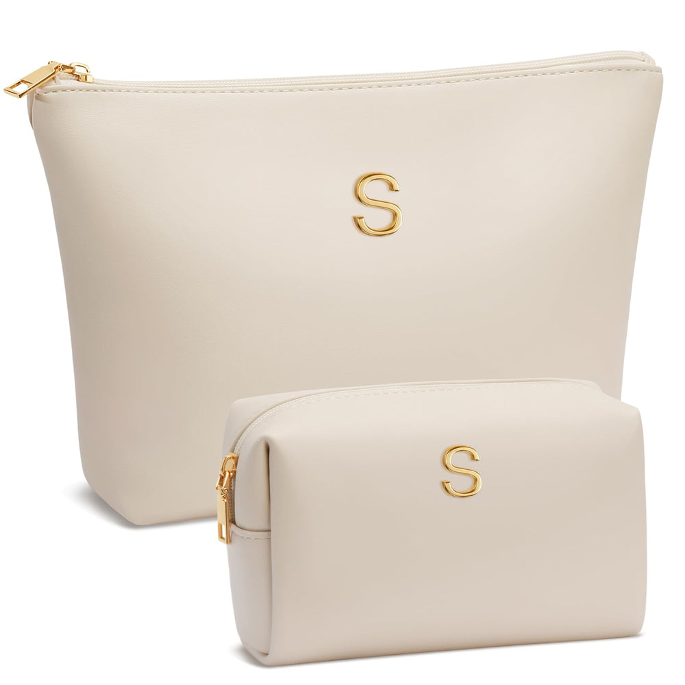 CLOUDWINGS initial makeup bag beige front view for organized travel storage.