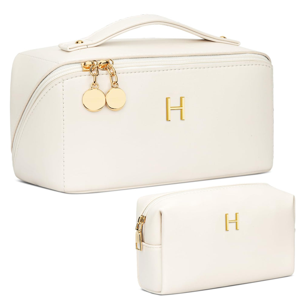 CloudWings initial makeup bag beige front view shows personalized style for travel organization