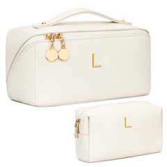 CloudWings initial makeup bag set beige front view for stylish gift-ready presentation