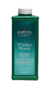 Clubman Reserve Whiskey Woods polvo corporal con textura fina para absorción y frescura diaria.
