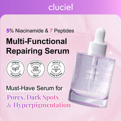 cluciel Niacinamide Peptide Serum close-up texture shows silky, non-sticky consistency.