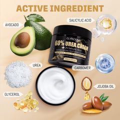 Texture closeup of Clyecfra 60% Urea Cream shows lightweight absorption for daily use.