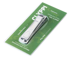 Clyppi nail clippers with swing-out nail file for two-grade smoothing.