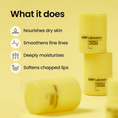 CNP Propolis Lipcerin container highlights hygienic dial-controlled application