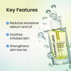 CNP Rescue+Propolis Serum propolis detail emphasizes soothing hydration and barrier-friendly care.