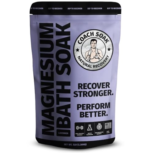 Coach Soak Recovery Bath Soak bottle pouring for a calming lavender bath.