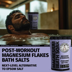 Coach Soak Recovery Bath Soak magnesium flakes detail emphasizing fast-absorbing relief after workouts.