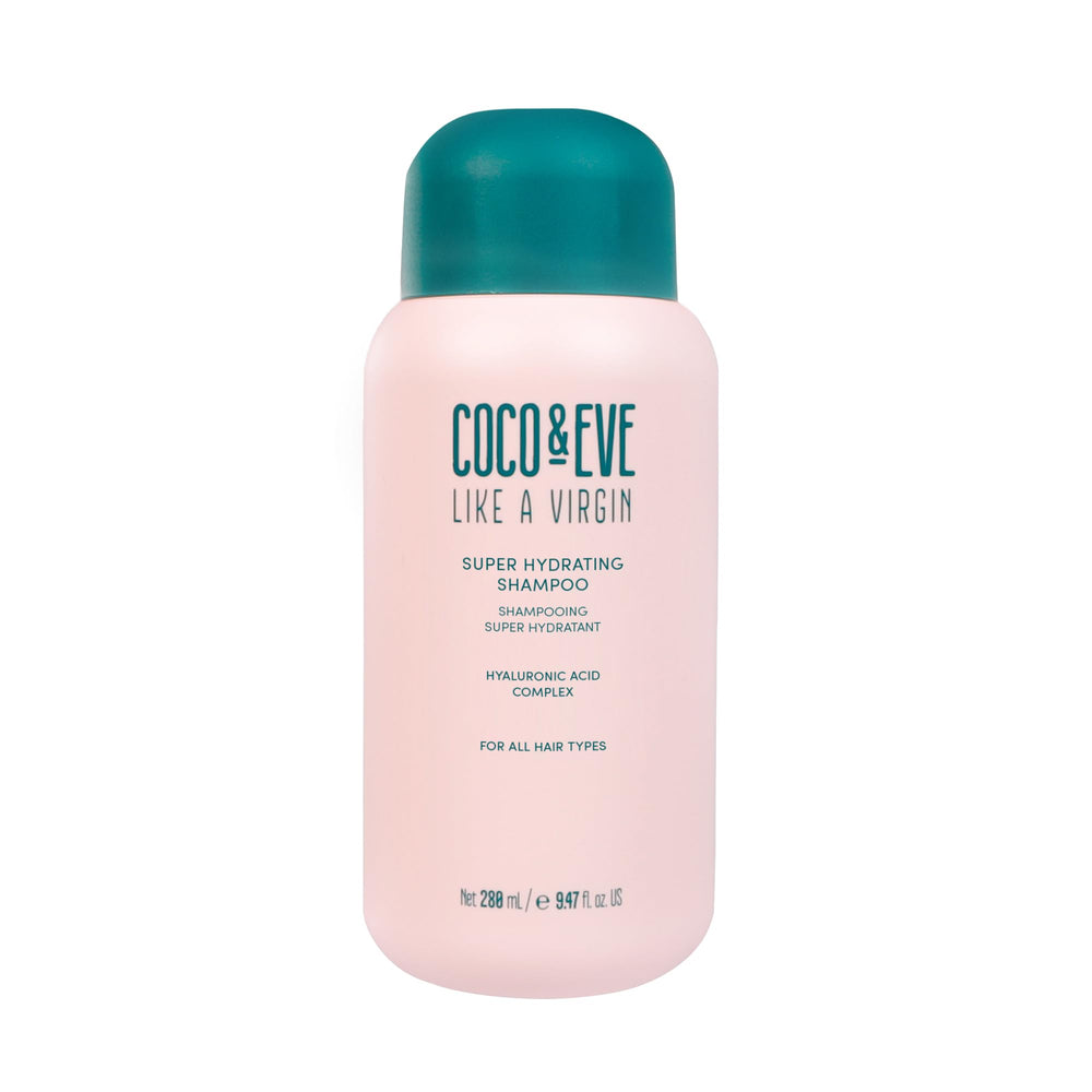 Coco Eve Like A Virgin shampoo bottle highlights intense hydration for dry hair.