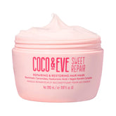 Coco & Eve Sweet Repair mask bottle close-up showing smoothing for damaged hair.
