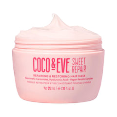 Coco & Eve Sweet Repair mask bottle close-up showing smoothing for damaged hair.