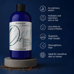 Cocojojo deodorized argan oil label highlights Grade A, cold-pressed quality.