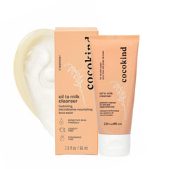 Cocokind Oil to Milk Face Wash bottle pour demonstrates gentle cleansing that preserves moisture