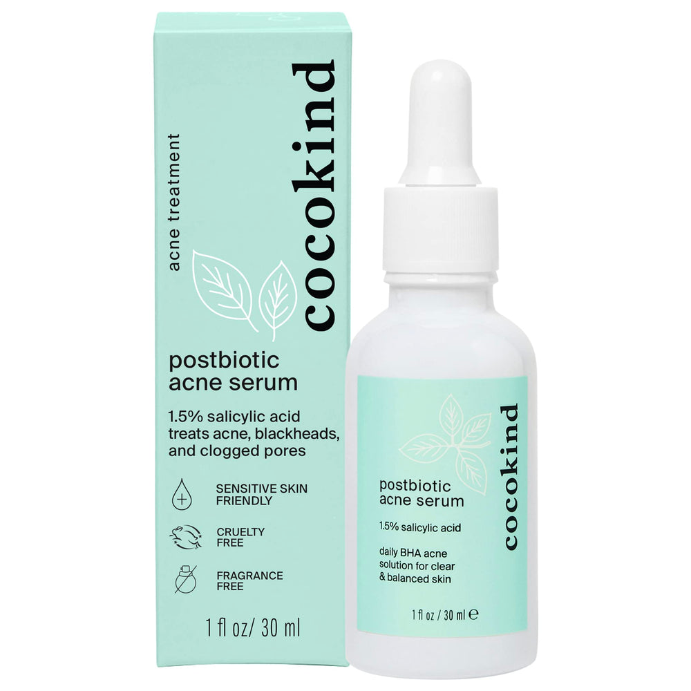 Cocokind Postbiotic Acne Serum bottle closeup showing gentle exfoliation for clearer-looking pores