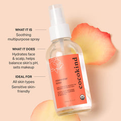 Cocokind Rosewater Toner face-application—soothes skin and primes for routine steps.