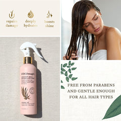 Cocomagic coconut milk detangling mist closeup label emphasizing paraben-free, cruelty-free formula